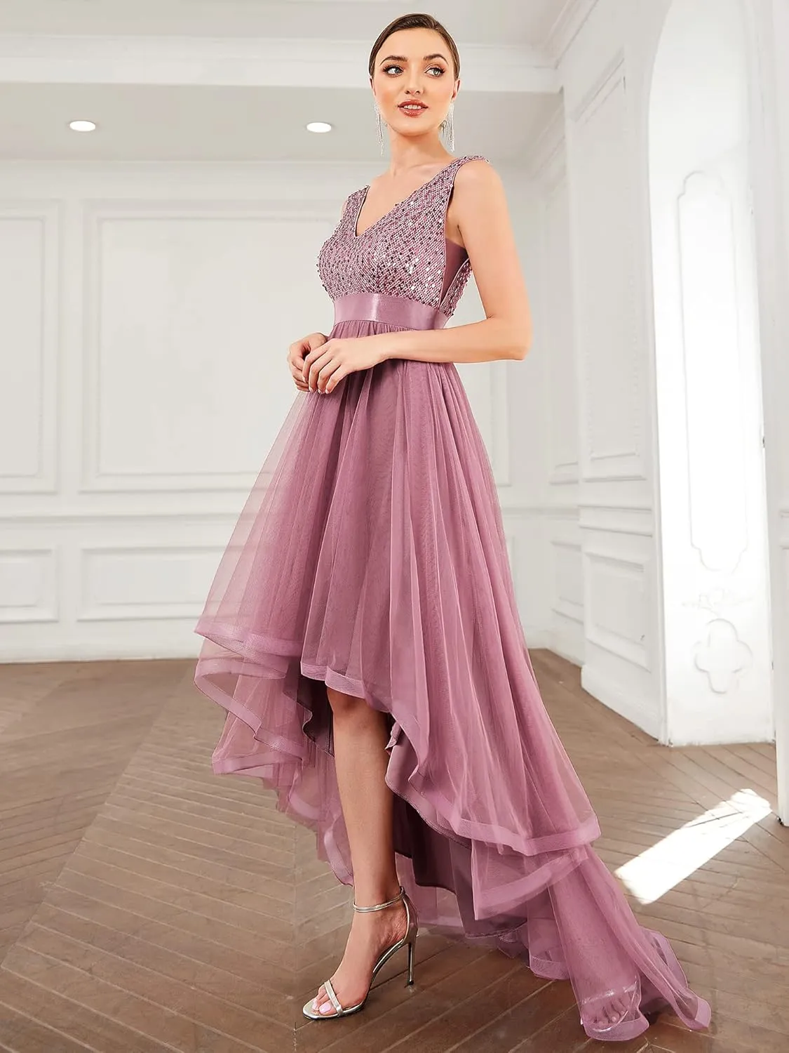 Ever-Pretty Women's Cocktail Dress Double V-Neck Sleeveless Empire Waist Sequin High Low Tulle Formal Dress 0147A