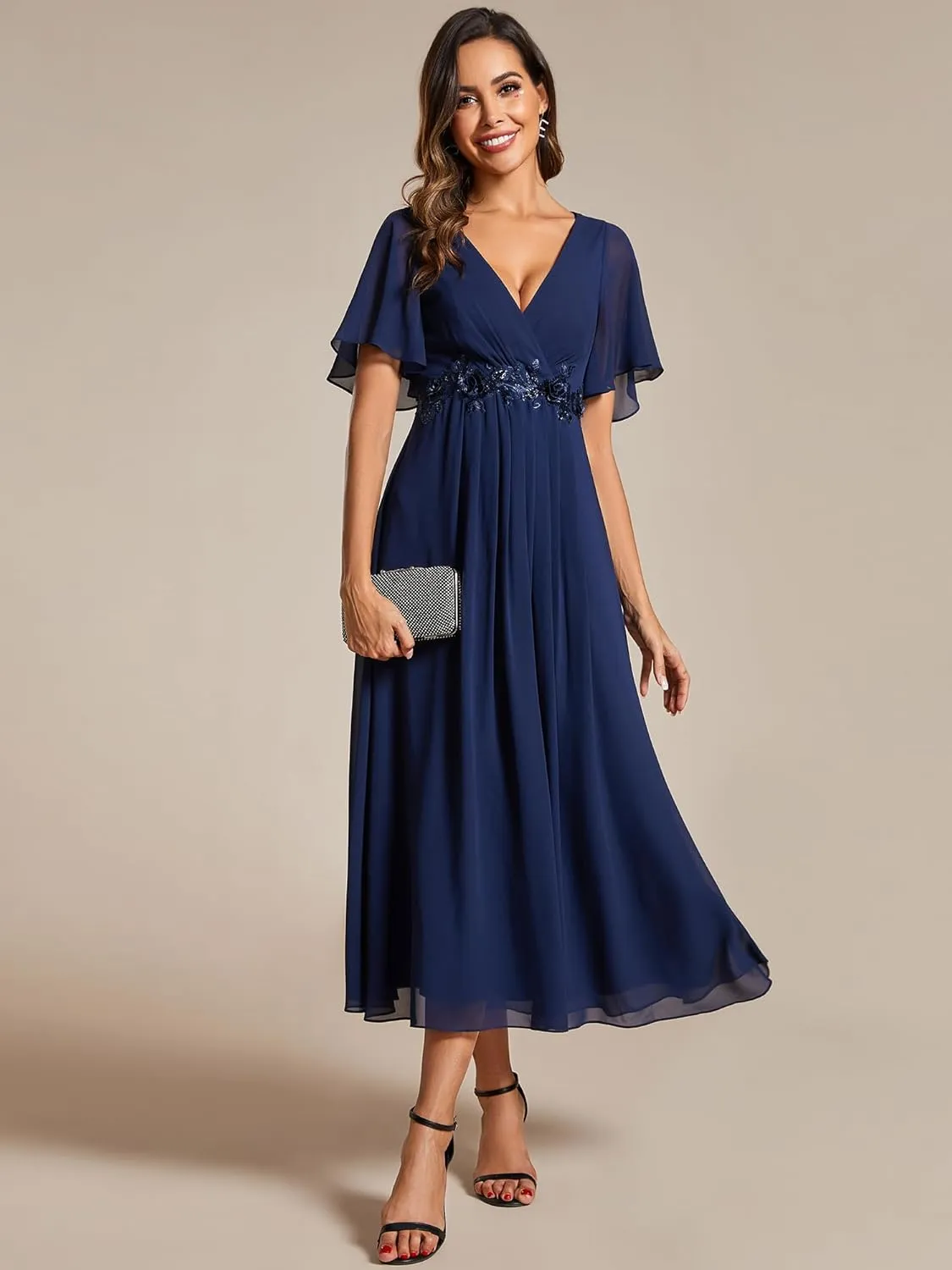 Ever-Pretty Women's Cocktail Dresses V Neck A-Line Elastic High Waist Wedding Guest Evening Party Maxi Dress 02093