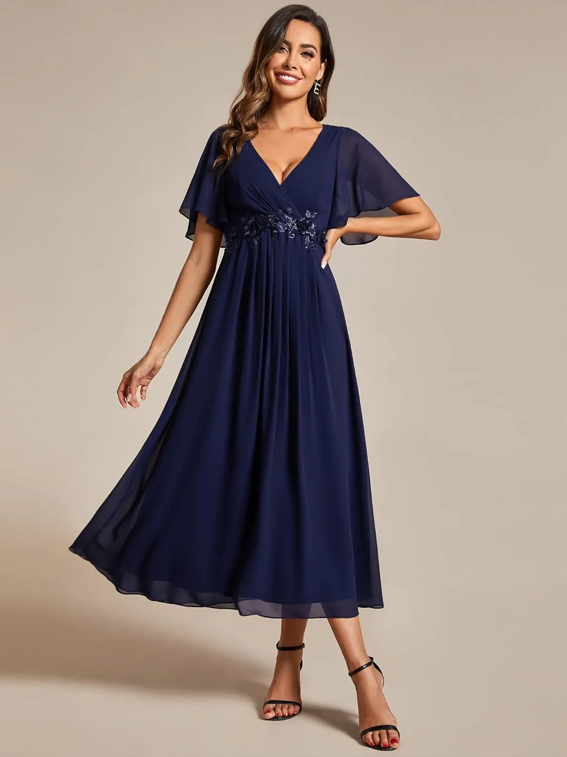 Ever-Pretty Women's Cocktail Dresses V Neck A-Line Elastic High Waist Wedding Guest Evening Party Maxi Dress 02093
