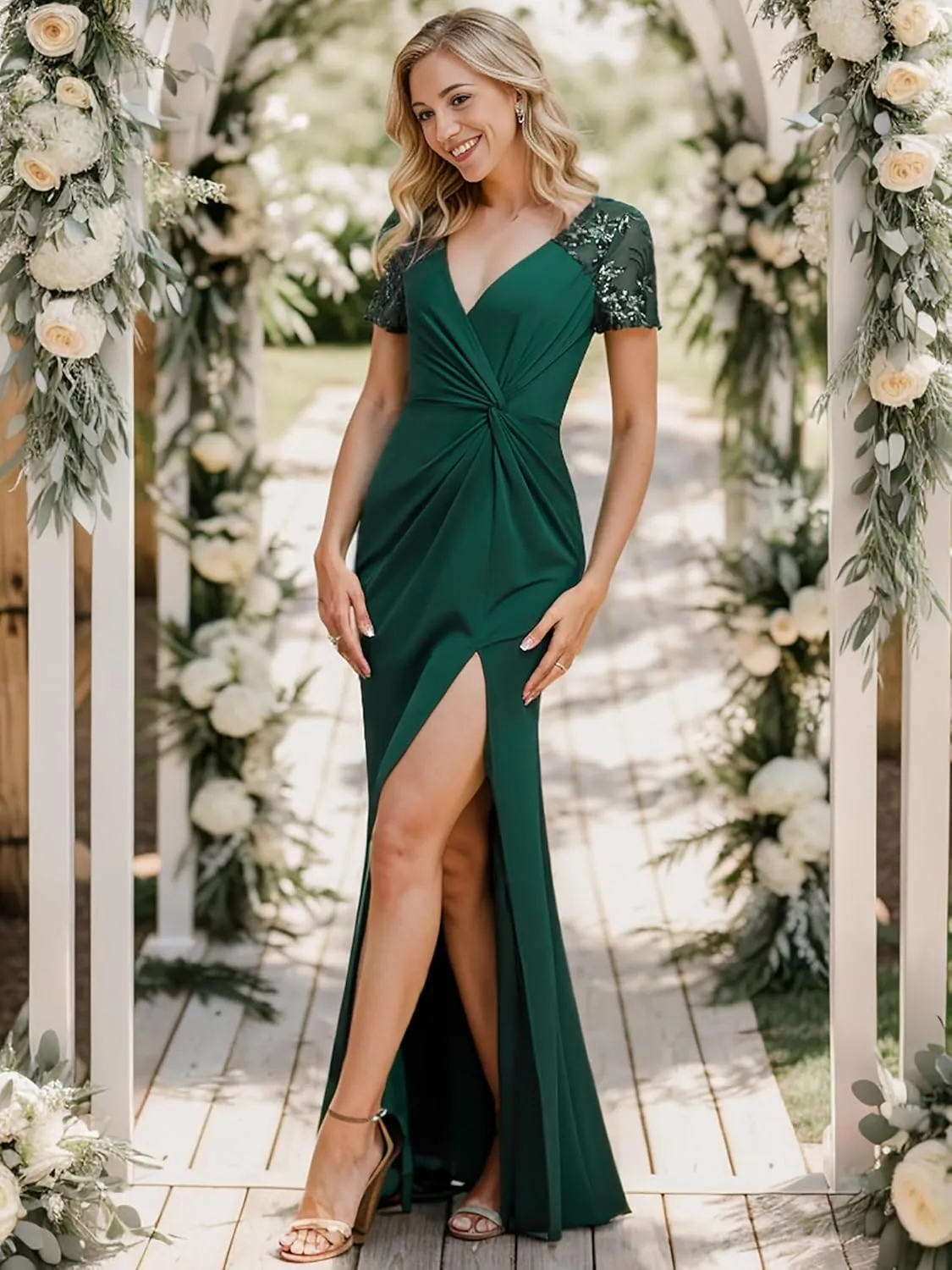 Ever-Pretty Women's Deep V-Neck Applique Ruffle Sleeves Side Slit Pleated Long Formal Dresses 01669