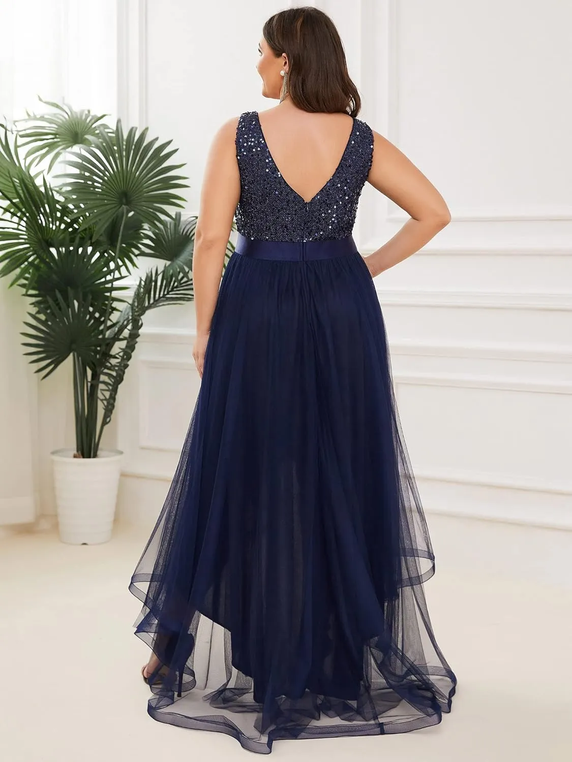 Ever-Pretty Womens Double V Neck A Line High Low Sequin Tulle Plus Size Formal Dresses for Curvy Women 0147A-DA