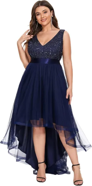 Ever-Pretty Womens Double V Neck A Line High Low Sequin Tulle Plus Size Formal Dresses for Curvy Women 0147A-DA