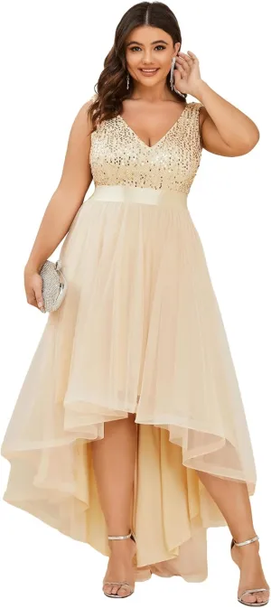 Ever-Pretty Womens Double V Neck A Line High Low Sequin Tulle Plus Size Formal Dresses for Curvy Women 0147A-DA
