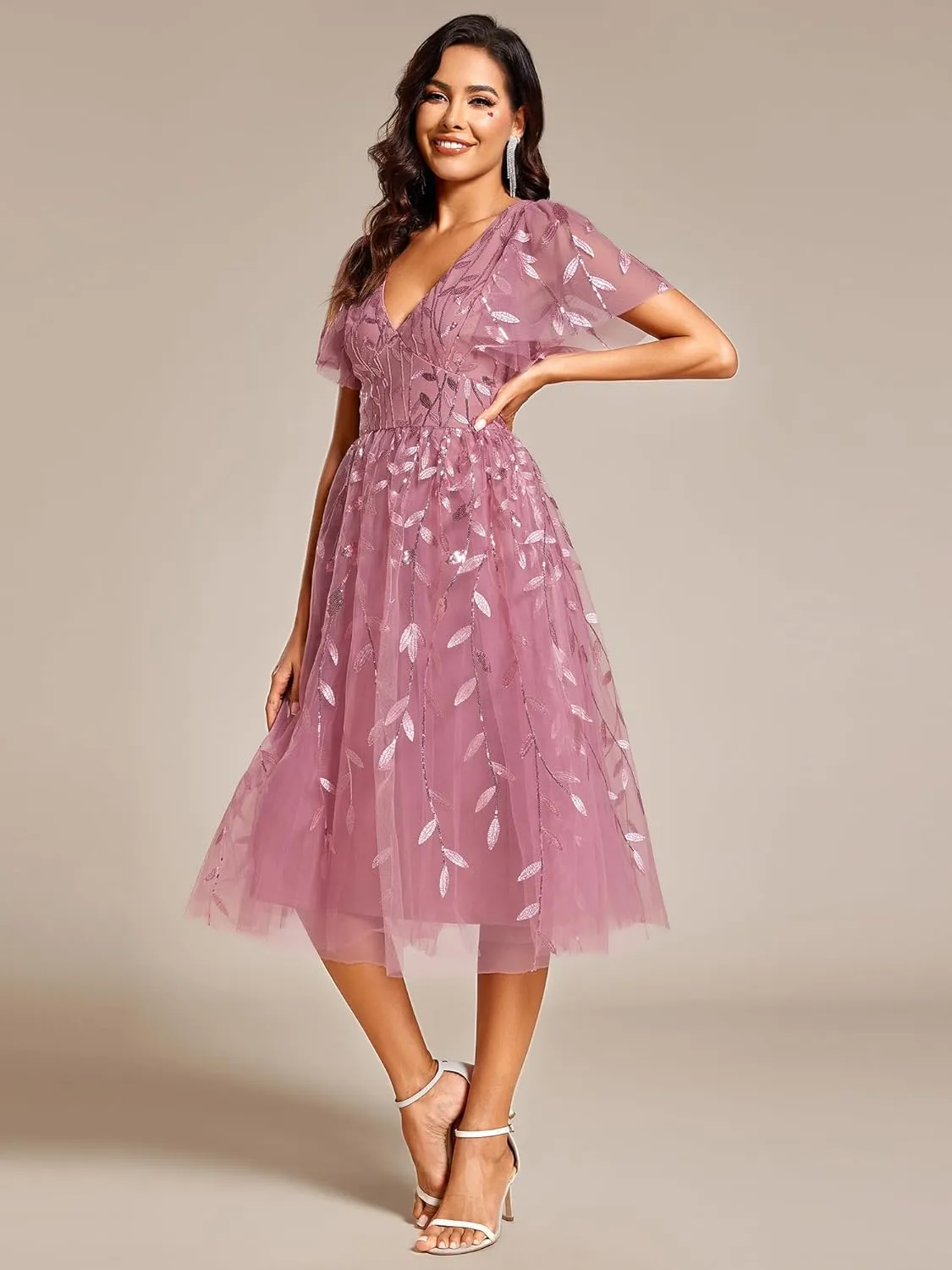 Ever-Pretty Women's Elegant A Line Embroidery Tulle Sequins Short Sleeves Midi Wedding Guest Dress 02230