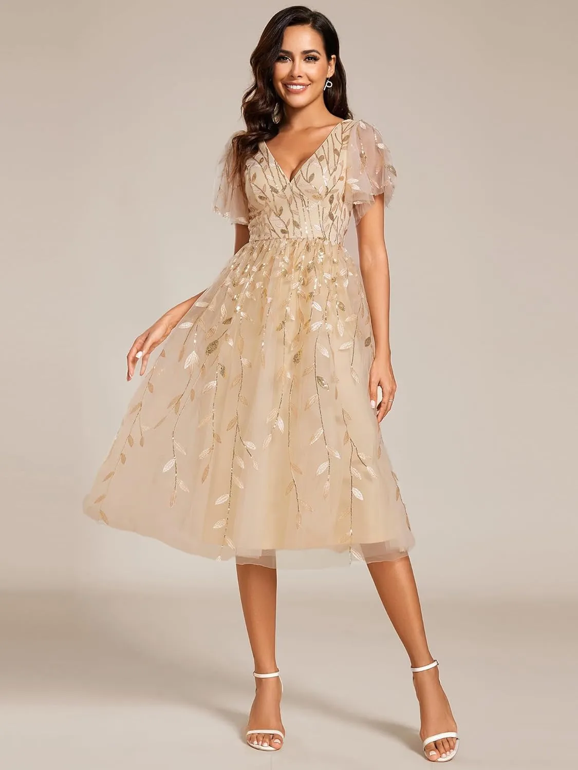 Ever-Pretty Women's Elegant A Line Embroidery Tulle Sequins Short Sleeves Midi Wedding Guest Dress 02230