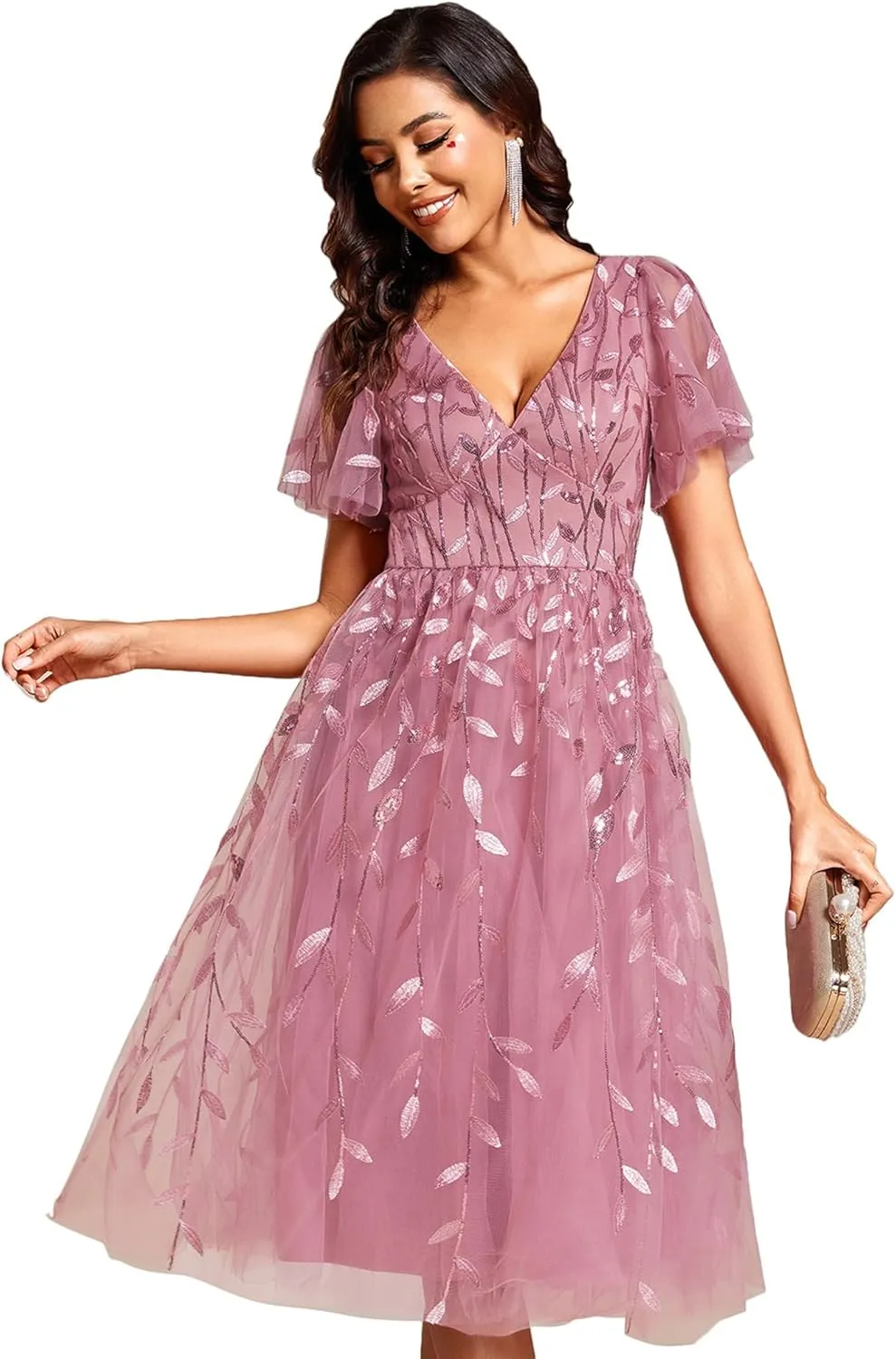 Ever-Pretty Women's Elegant A Line Embroidery Tulle Sequins Short Sleeves Midi Wedding Guest Dress 02230