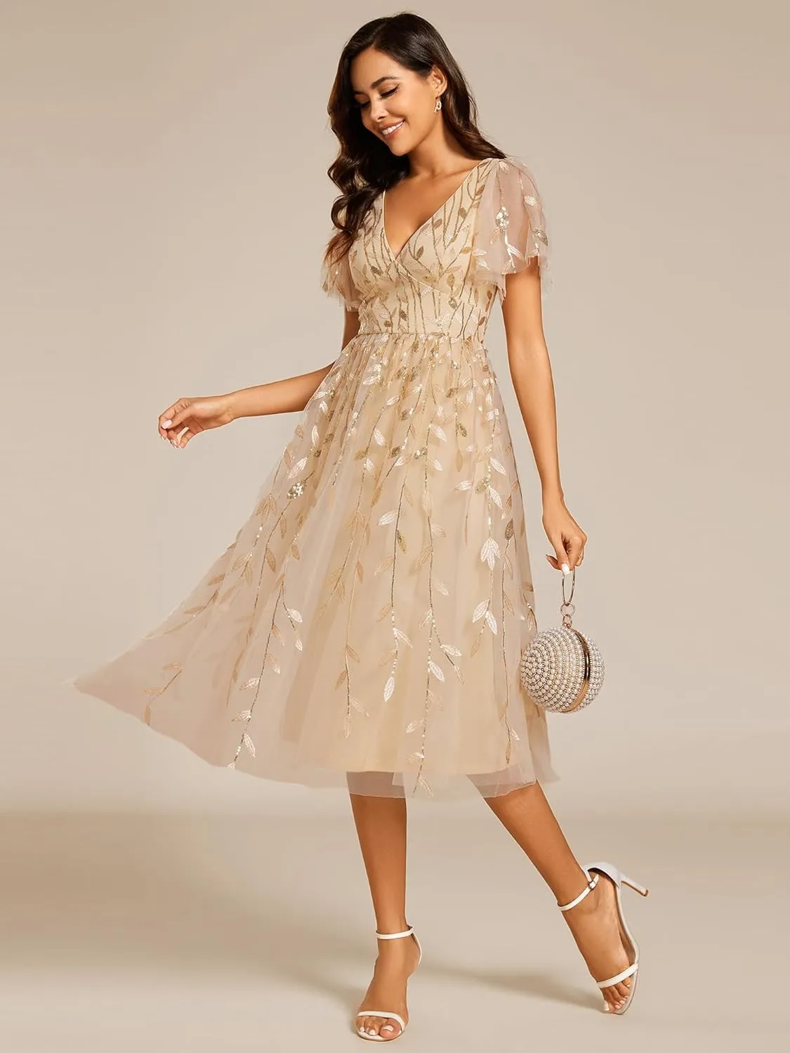Ever-Pretty Women's Elegant A Line Embroidery Tulle Sequins Short Sleeves Midi Wedding Guest Dress 02230