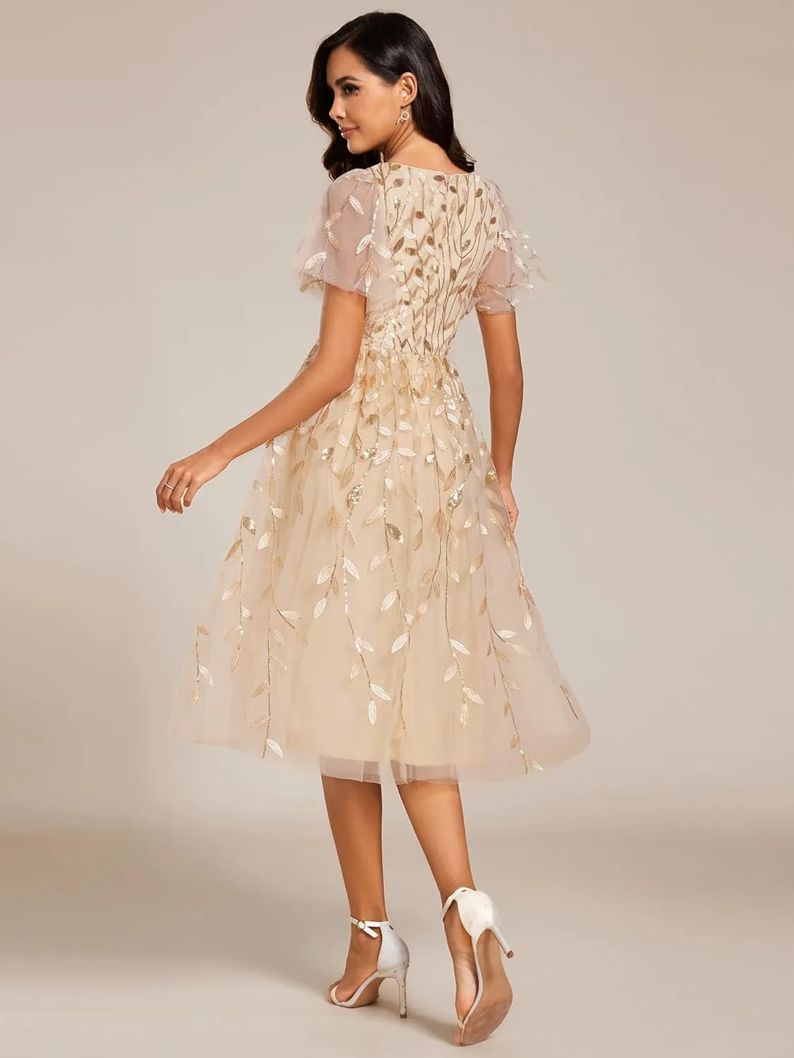 Ever-Pretty Women's Elegant A Line Embroidery Tulle Sequins Short Sleeves Midi Wedding Guest Dress 02230