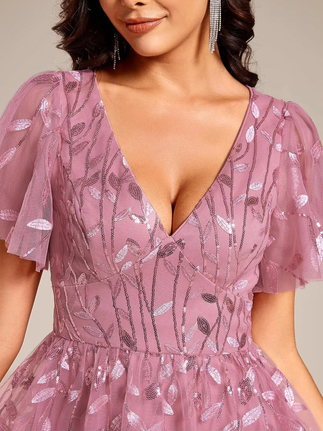 Ever-Pretty Women's Elegant A Line Embroidery Tulle Sequins Short Sleeves Midi Wedding Guest Dress 02230