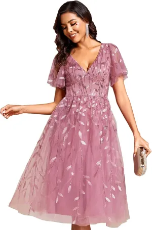 Ever-Pretty Women's Elegant A Line Embroidery Tulle Sequins Short Sleeves Midi Wedding Guest Dress 02230