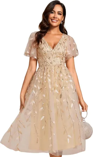 Ever-Pretty Women's Elegant A Line Embroidery Tulle Sequins Short Sleeves Midi Wedding Guest Dress 02230