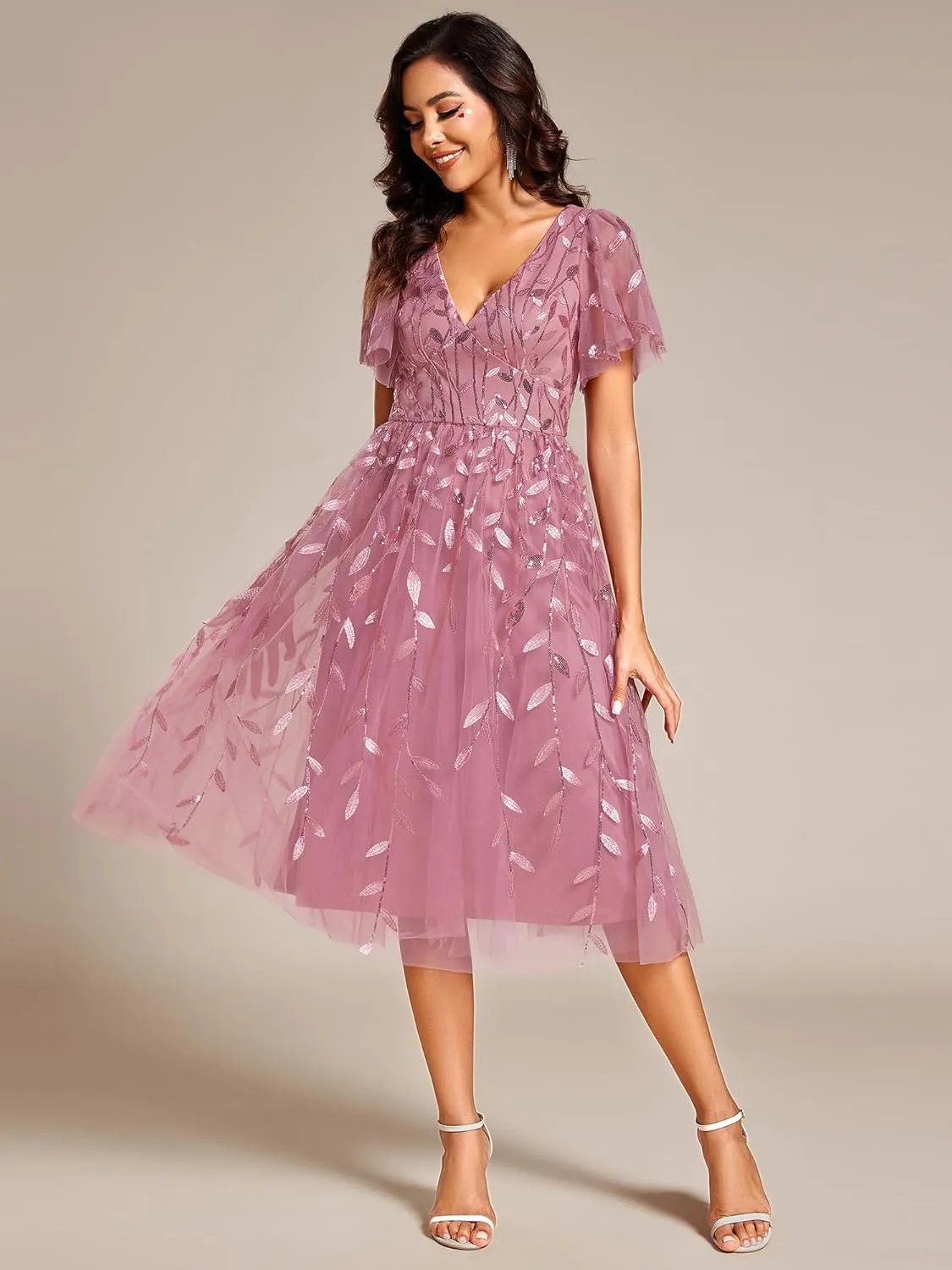 Ever-Pretty Women's Elegant A Line Embroidery Tulle Sequins Short Sleeves Midi Wedding Guest Dress 02230