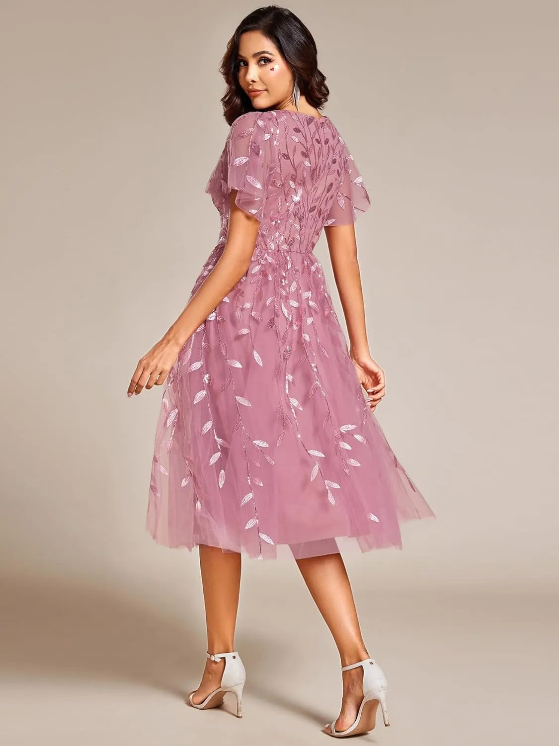 Ever-Pretty Women's Elegant A Line Embroidery Tulle Sequins Short Sleeves Midi Wedding Guest Dress 02230