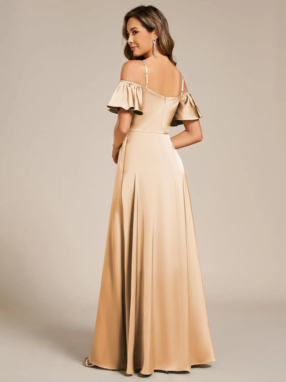 Ever-Pretty Women's Elegant Cold Shoulder Floor-Length A-Line Side Slit Satin Formal Dress 00437