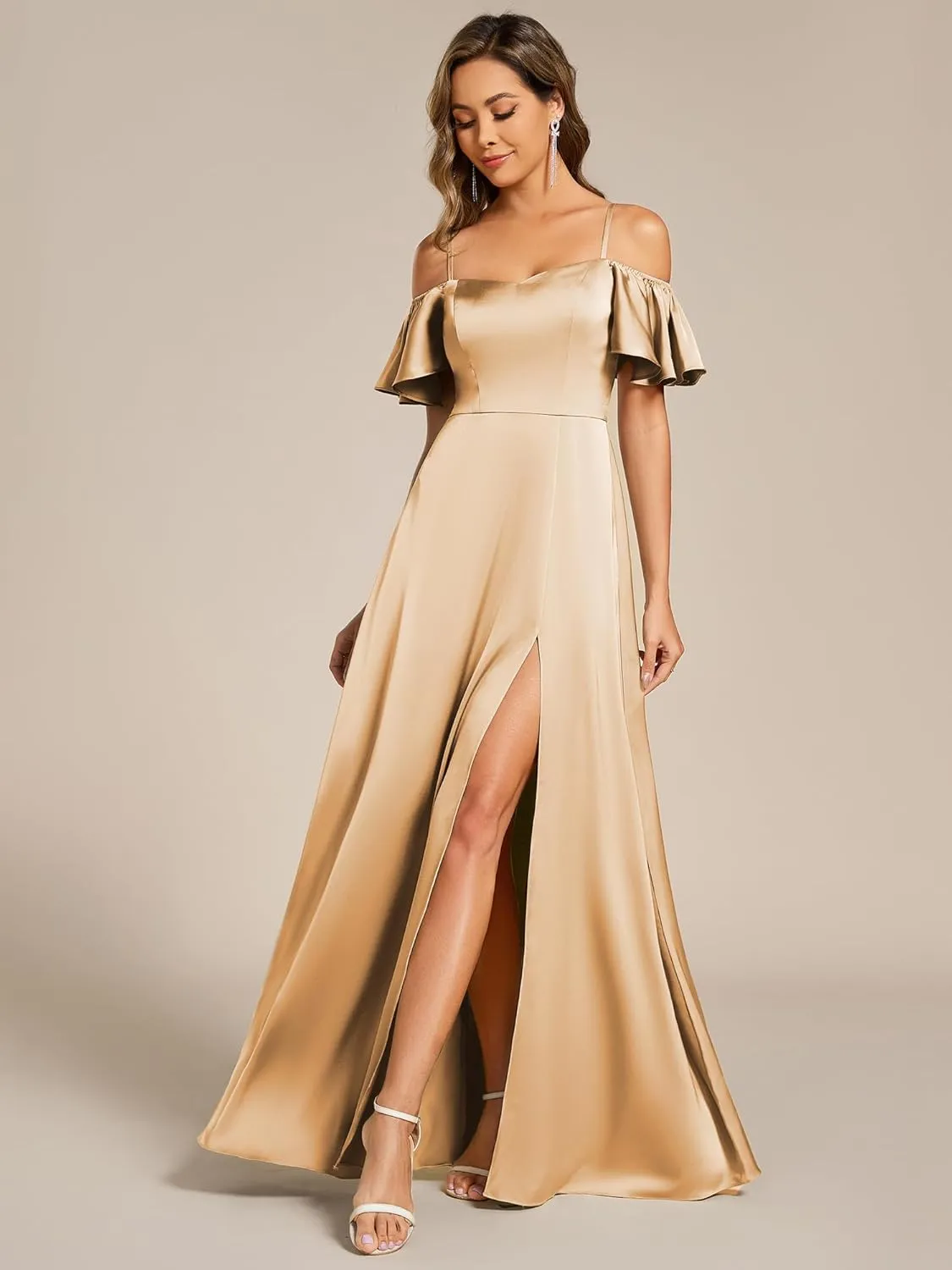 Ever-Pretty Women's Elegant Cold Shoulder Floor-Length A-Line Side Slit Satin Formal Dress 00437