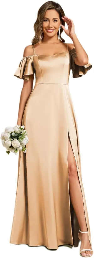 Ever-Pretty Women's Elegant Cold Shoulder Floor-Length A-Line Side Slit Satin Formal Dress 00437
