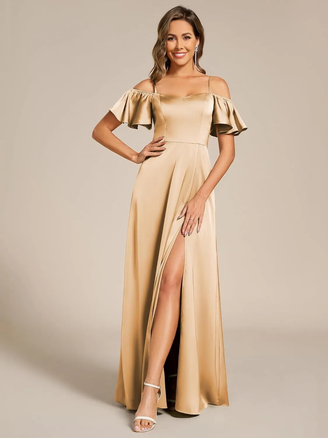 Ever-Pretty Women's Elegant Cold Shoulder Floor-Length A-Line Side Slit Satin Formal Dress 00437