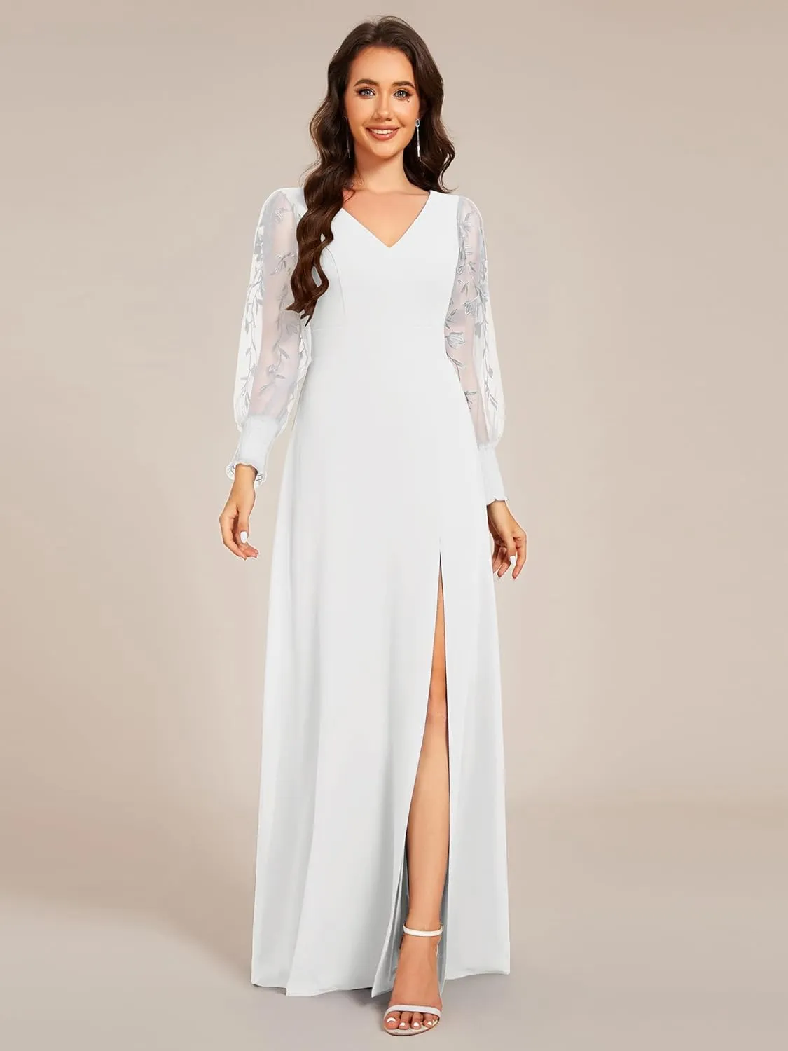 Ever-Pretty Women's Elegant V Neck Floral Sheer Long Sleeves Slit Chiffon Maxi Evening Dresses 02251