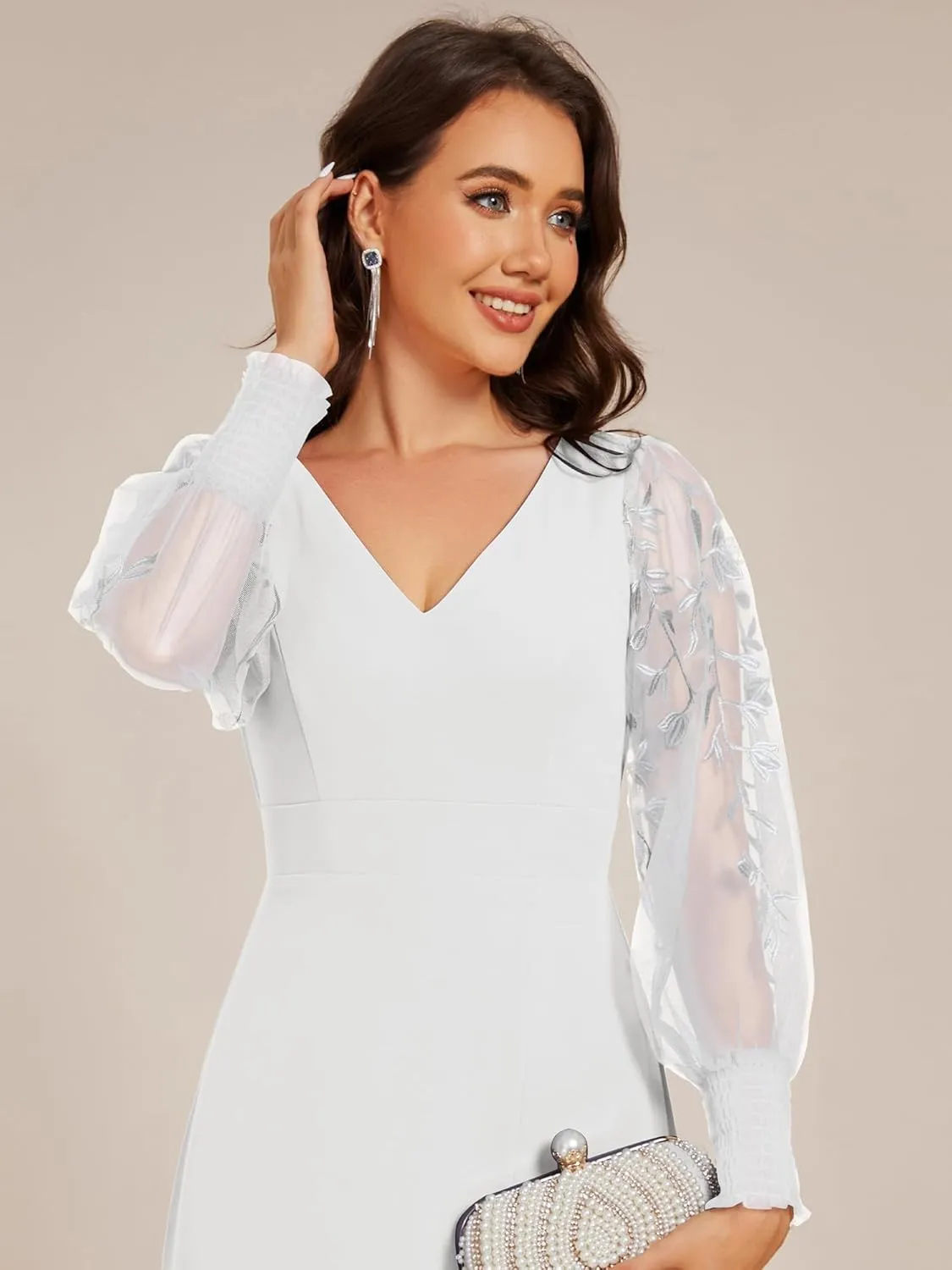 Ever-Pretty Women's Elegant V Neck Floral Sheer Long Sleeves Slit Chiffon Maxi Evening Dresses 02251