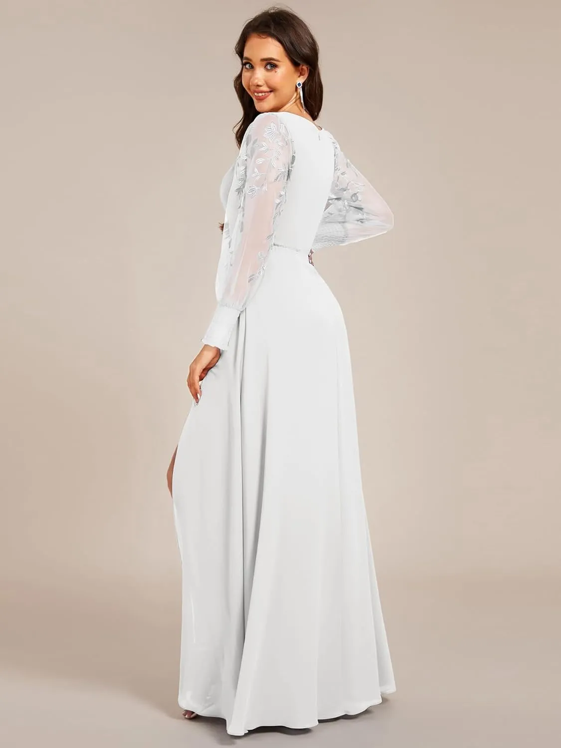 Ever-Pretty Women's Elegant V Neck Floral Sheer Long Sleeves Slit Chiffon Maxi Evening Dresses 02251
