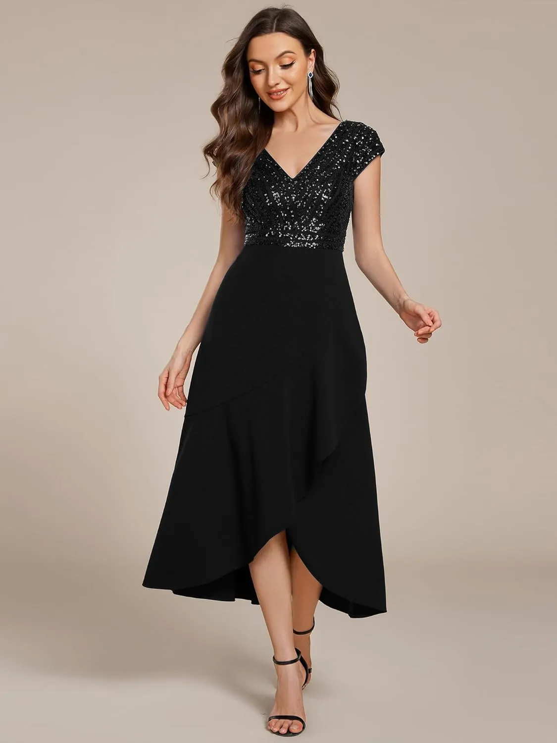 Ever-Pretty Women's Elegant V Neck Sequin Short Sleeve Hi-Lo Tea Length Evening Gowns 02325