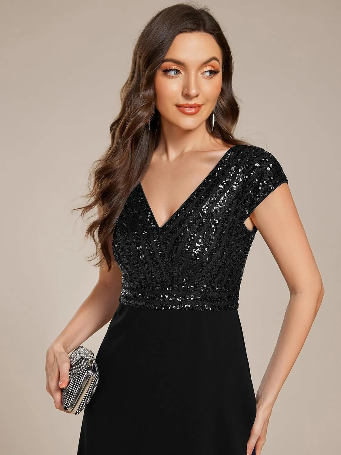 Ever-Pretty Women's Elegant V Neck Sequin Short Sleeve Hi-Lo Tea Length Evening Gowns 02325