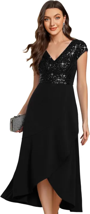 Ever-Pretty Women's Elegant V Neck Sequin Short Sleeve Hi-Lo Tea Length Evening Gowns 02325
