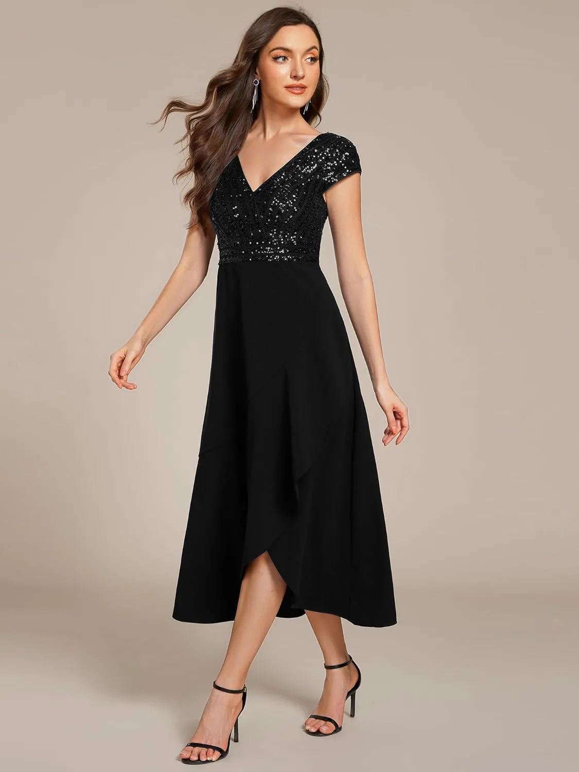 Ever-Pretty Women's Elegant V Neck Sequin Short Sleeve Hi-Lo Tea Length Evening Gowns 02325