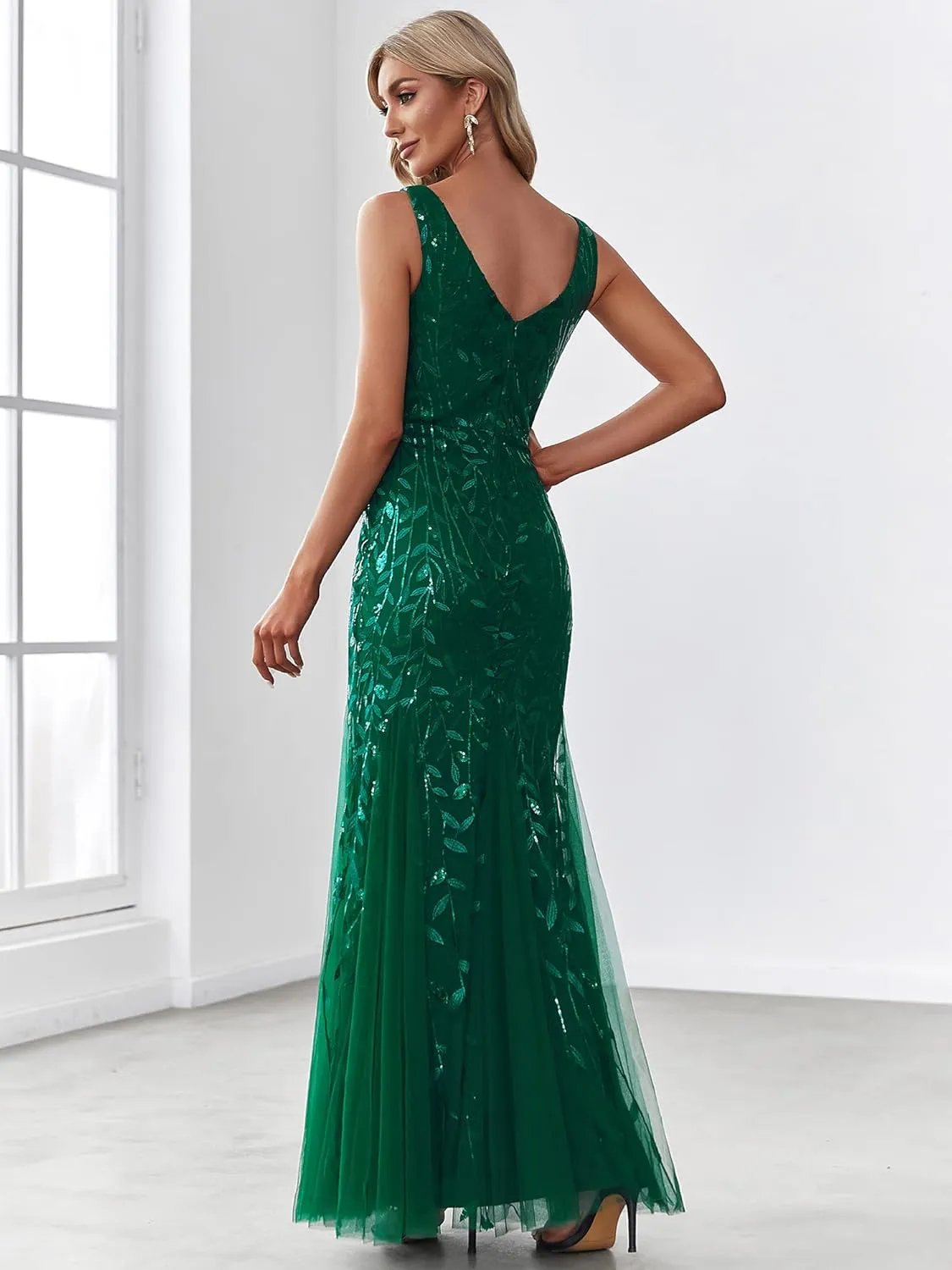 Ever-Pretty Women's Formal Dress Sequin Tulle Double V-Neck Sleeveless Mermaid Long Evening Dress 07886