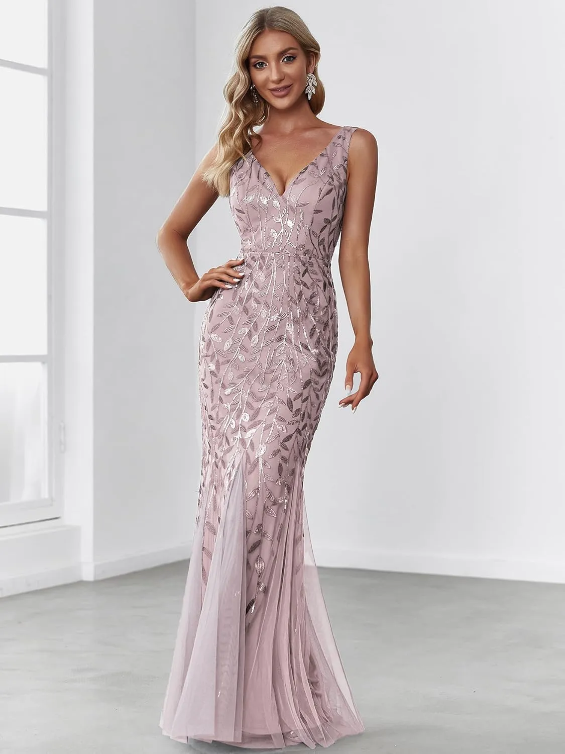 Ever-Pretty Women's Formal Dress Sequin Tulle Double V-Neck Sleeveless Mermaid Long Evening Dress 07886