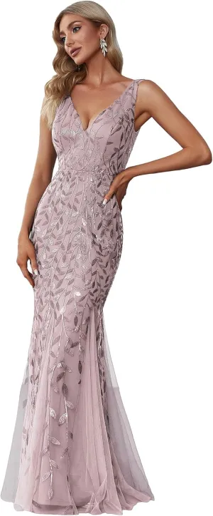Ever-Pretty Women's Formal Dress Sequin Tulle Double V-Neck Sleeveless Mermaid Long Evening Dress 07886