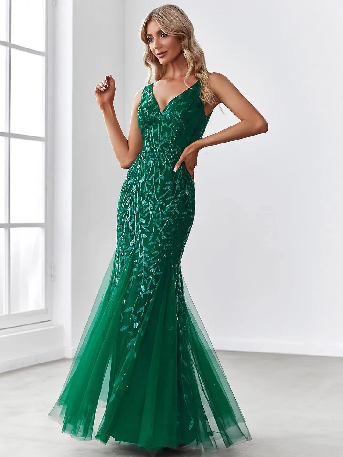 Ever-Pretty Women's Formal Dress Sequin Tulle Double V-Neck Sleeveless Mermaid Long Evening Dress 07886