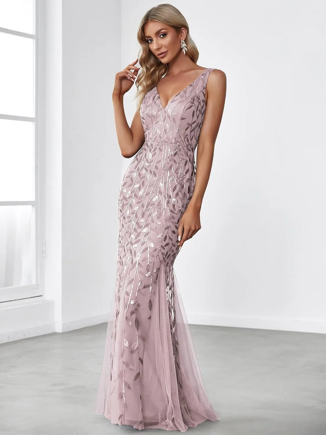 Ever-Pretty Women's Formal Dress Sequin Tulle Double V-Neck Sleeveless Mermaid Long Evening Dress 07886