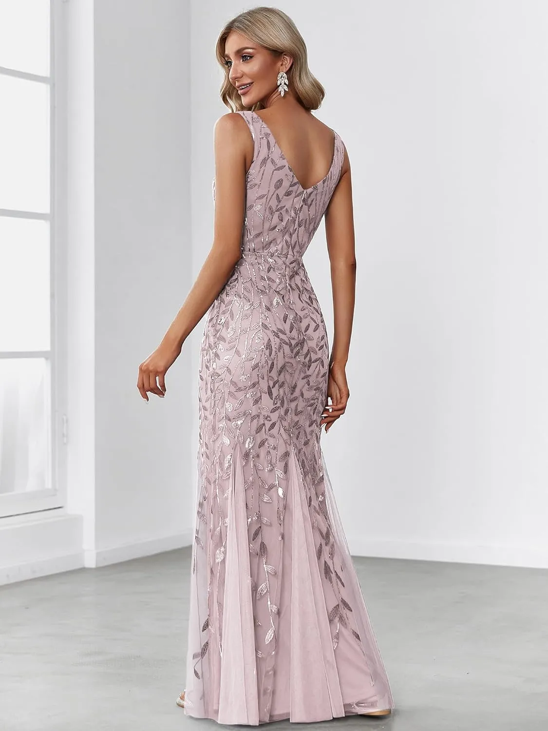 Ever-Pretty Women's Formal Dress Sequin Tulle Double V-Neck Sleeveless Mermaid Long Evening Dress 07886