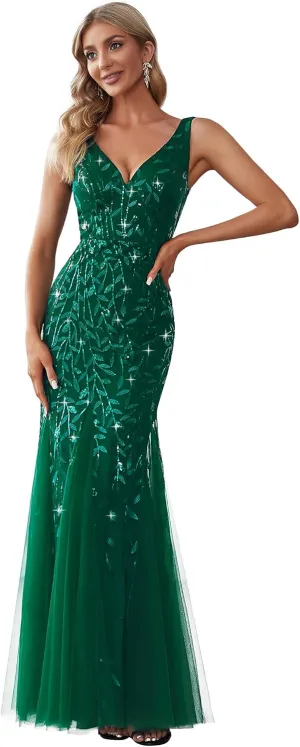 Ever-Pretty Women's Formal Dress Sequin Tulle Double V-Neck Sleeveless Mermaid Long Evening Dress 07886