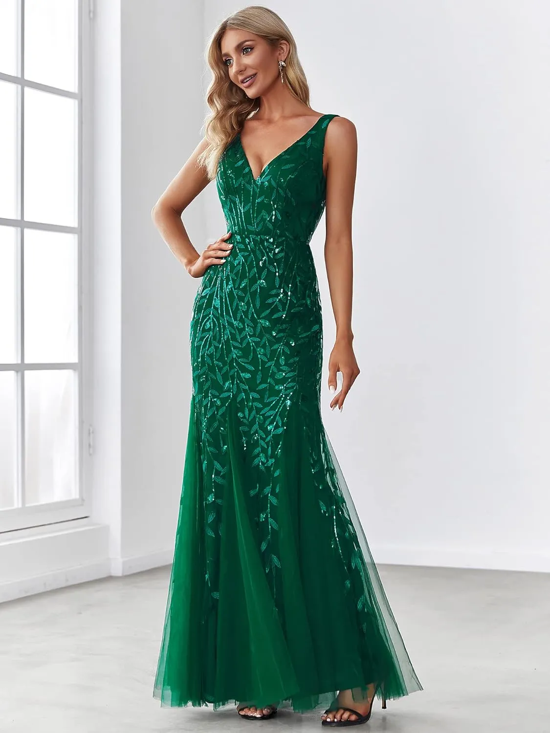 Ever-Pretty Women's Formal Dress Sequin Tulle Double V-Neck Sleeveless Mermaid Long Evening Dress 07886