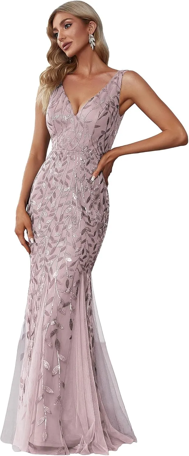 Ever-Pretty Women's Formal Dress Sequin Tulle Double V-Neck Sleeveless Mermaid Long Evening Dress 07886