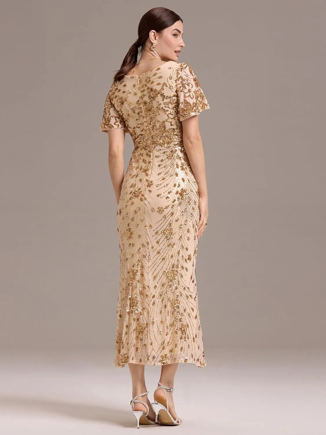 Ever-Pretty Women's Gorgeous V Neck Sequin Tulle Short Sleeves Maxi Evening Gowns 02370