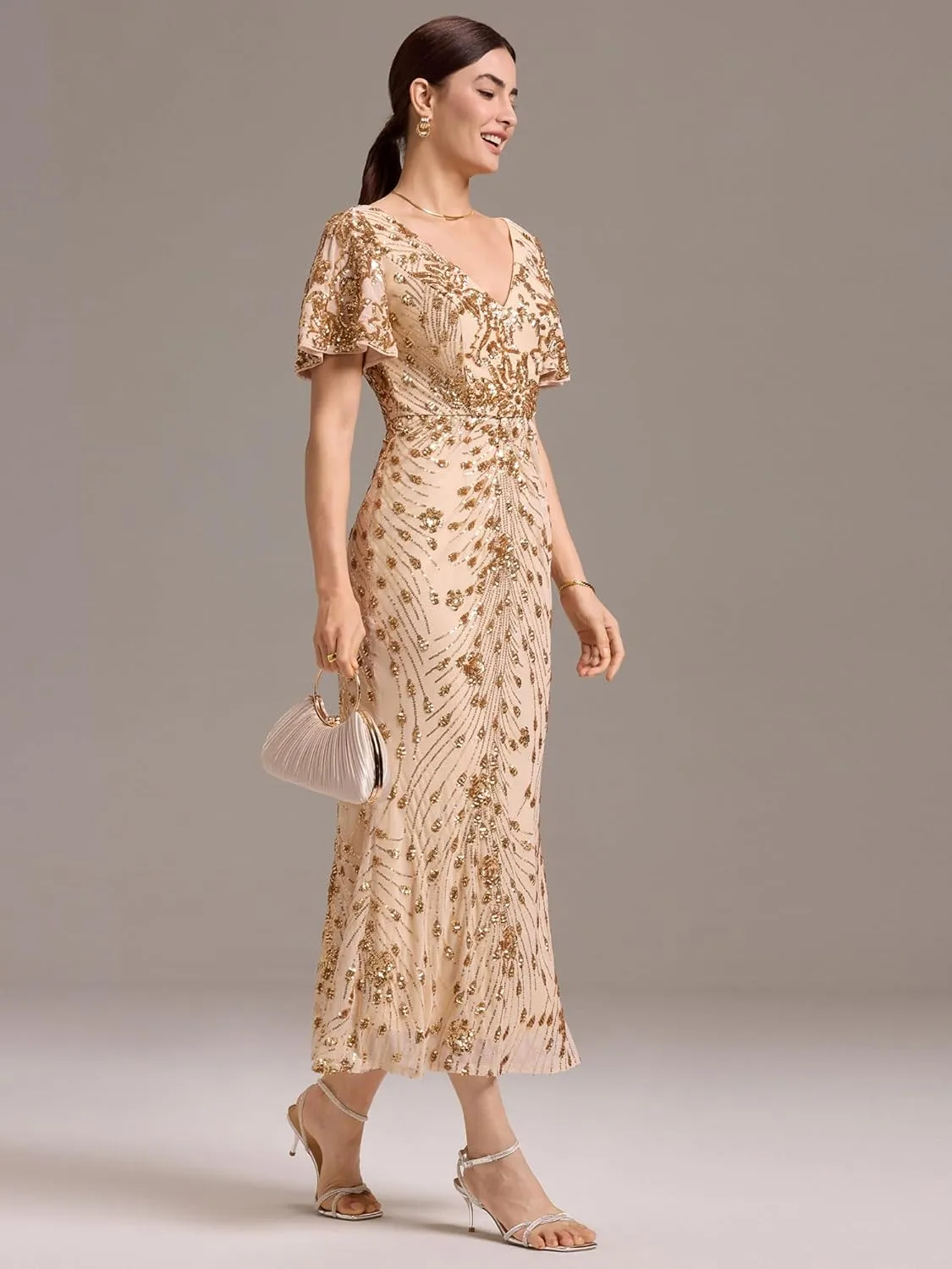 Ever-Pretty Women's Gorgeous V Neck Sequin Tulle Short Sleeves Maxi Evening Gowns 02370