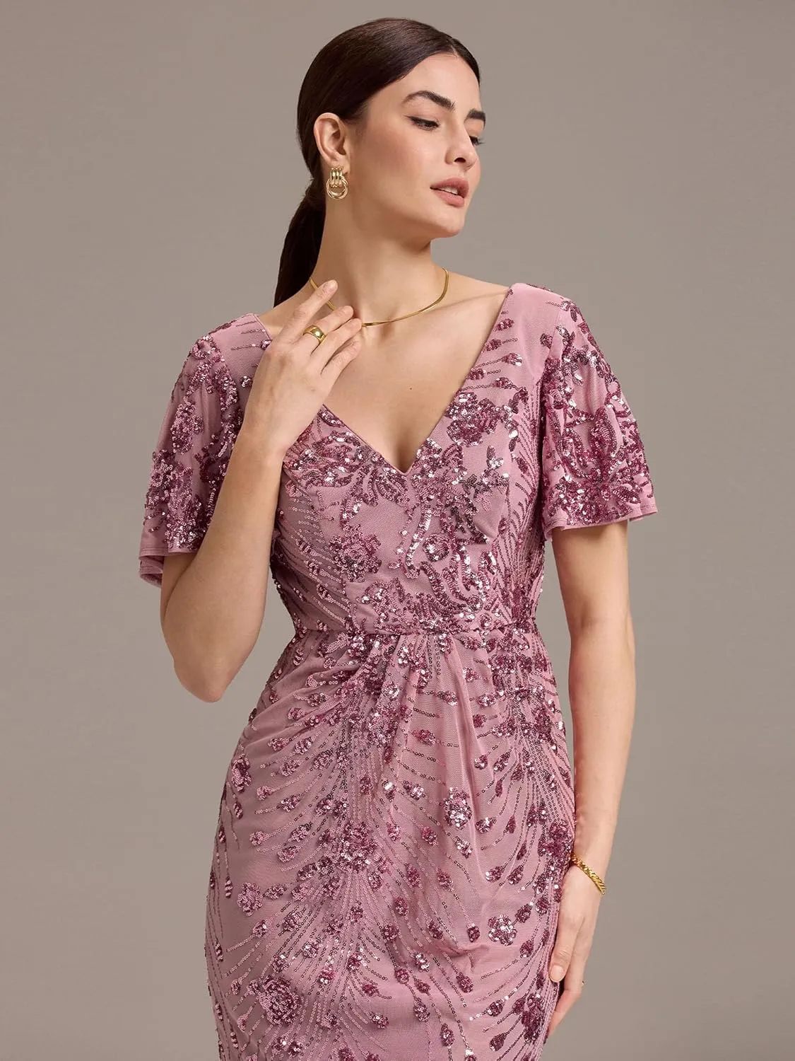 Ever-Pretty Women's Gorgeous V Neck Sequin Tulle Short Sleeves Maxi Evening Gowns 02370