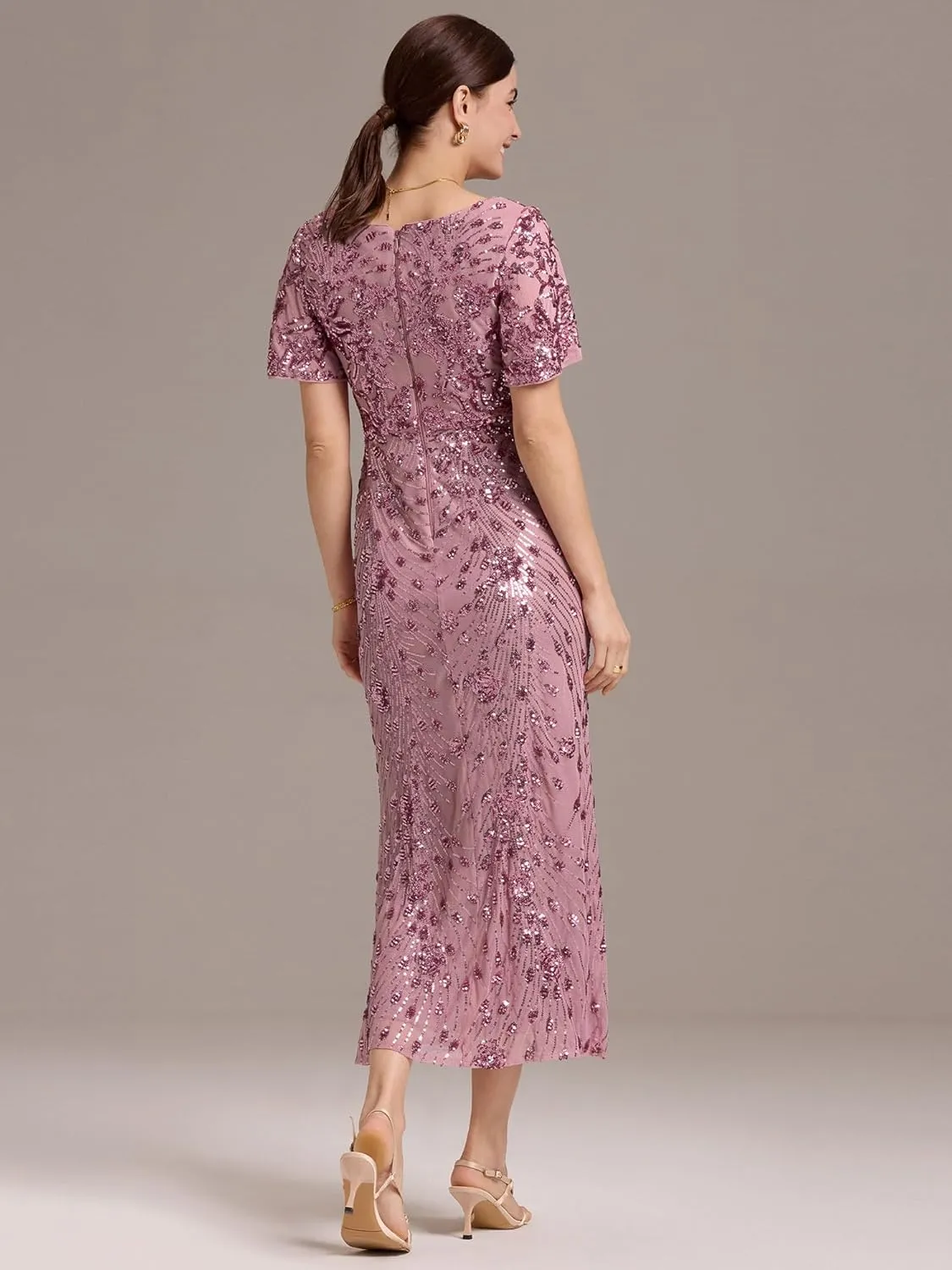 Ever-Pretty Women's Gorgeous V Neck Sequin Tulle Short Sleeves Maxi Evening Gowns 02370