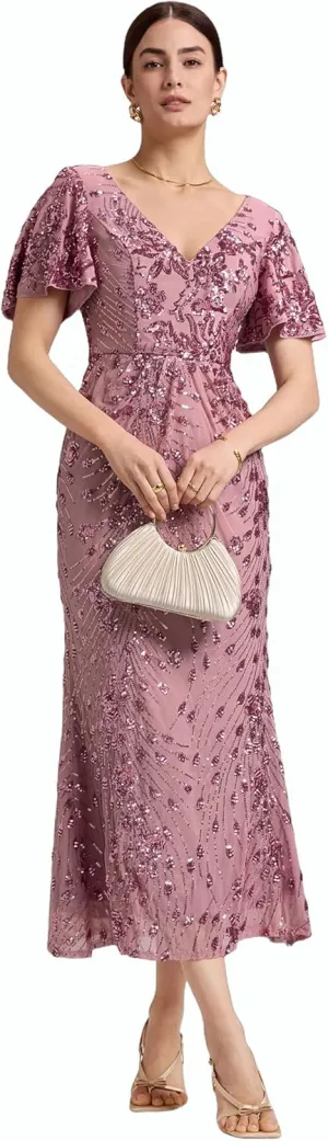 Ever-Pretty Women's Gorgeous V Neck Sequin Tulle Short Sleeves Maxi Evening Gowns 02370