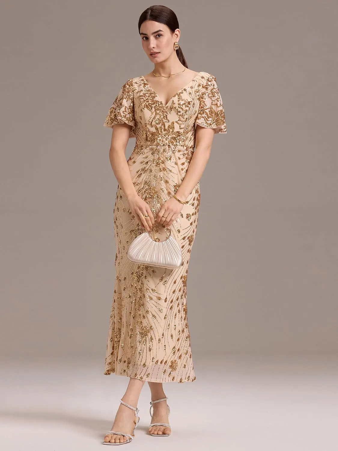 Ever-Pretty Women's Gorgeous V Neck Sequin Tulle Short Sleeves Maxi Evening Gowns 02370