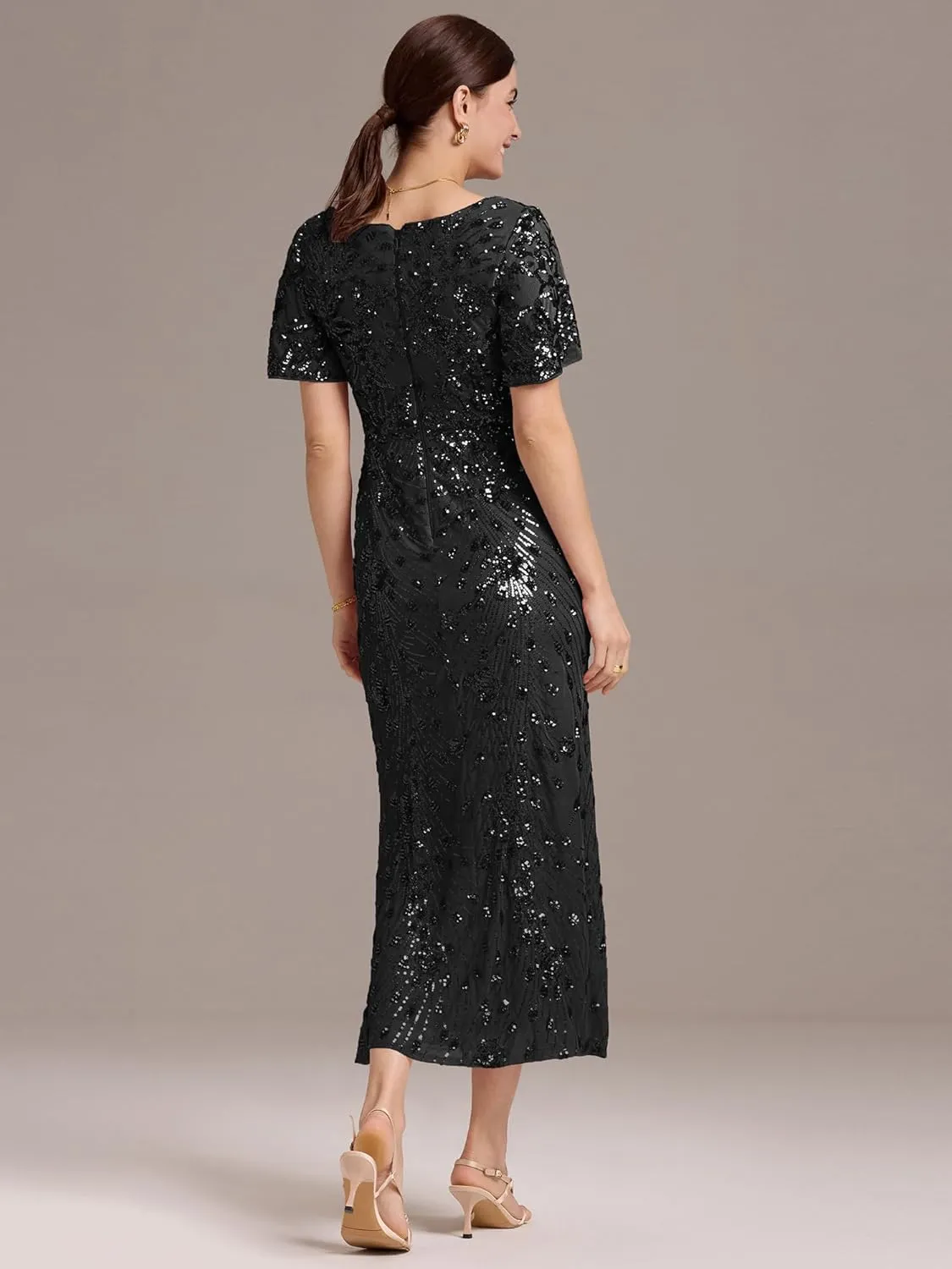 Ever-Pretty Women's Gorgeous V Neck Sequin Tulle Short Sleeves Maxi Evening Gowns 02370