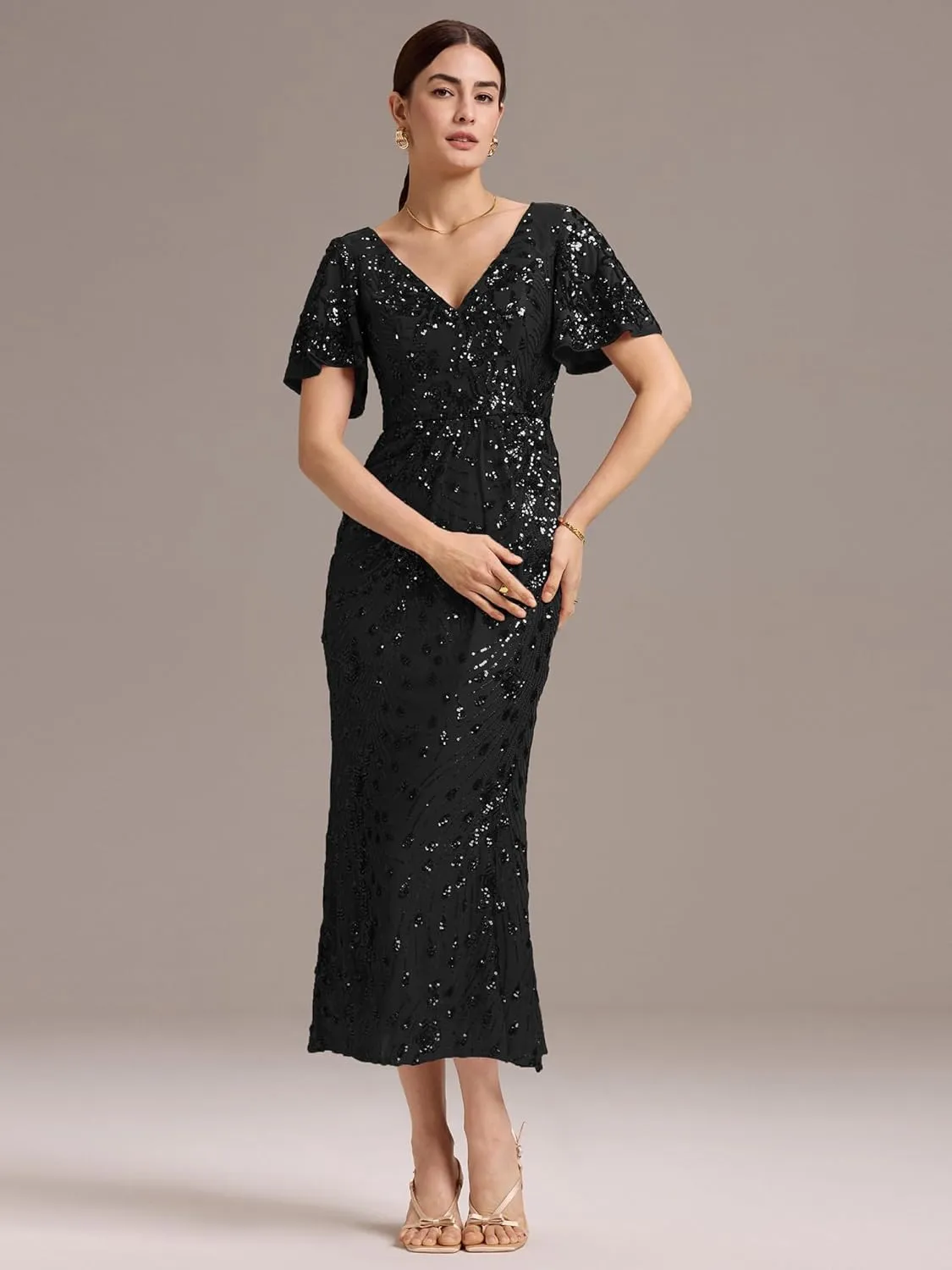 Ever-Pretty Women's Gorgeous V Neck Sequin Tulle Short Sleeves Maxi Evening Gowns 02370