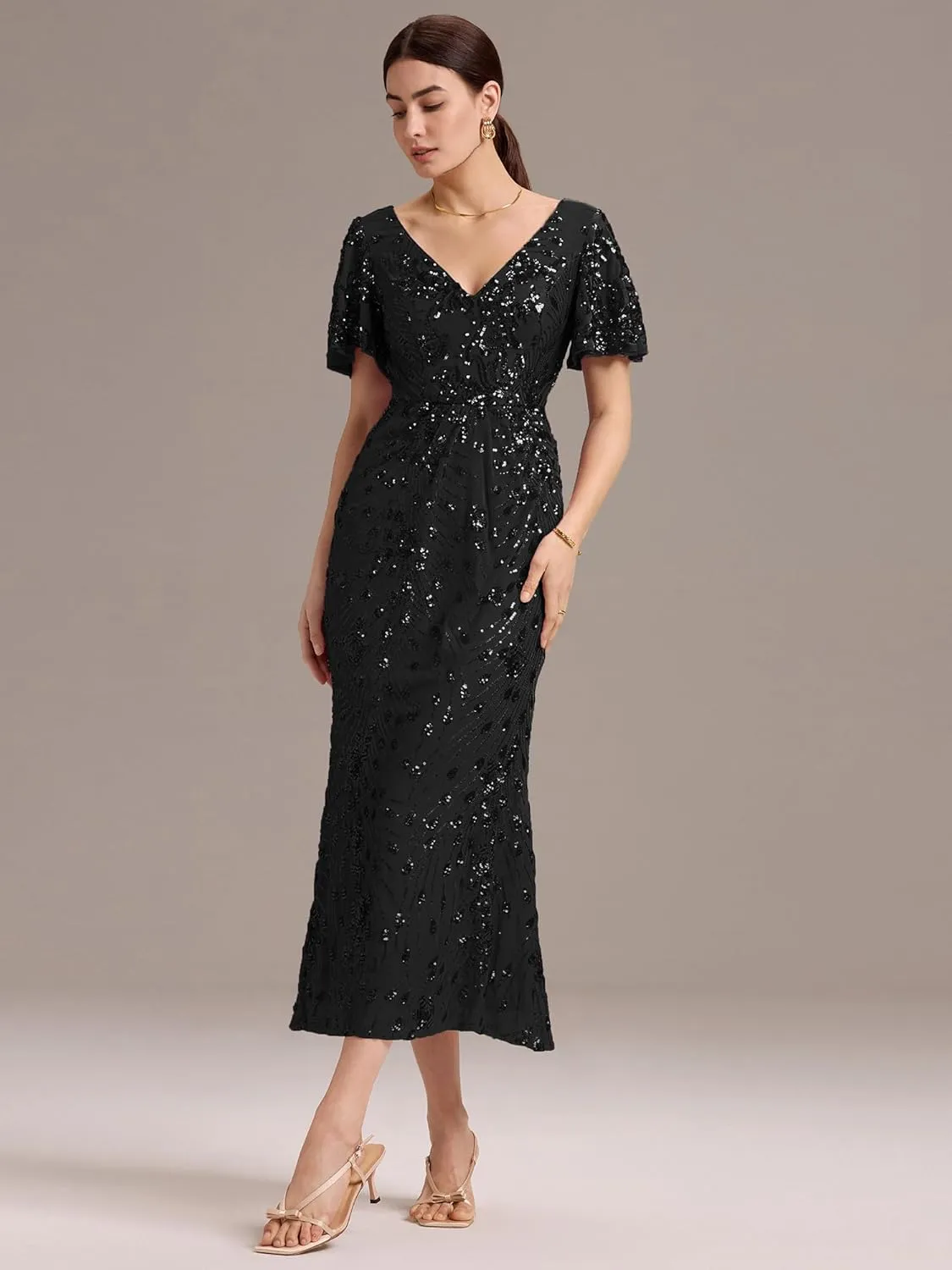 Ever-Pretty Women's Gorgeous V Neck Sequin Tulle Short Sleeves Maxi Evening Gowns 02370