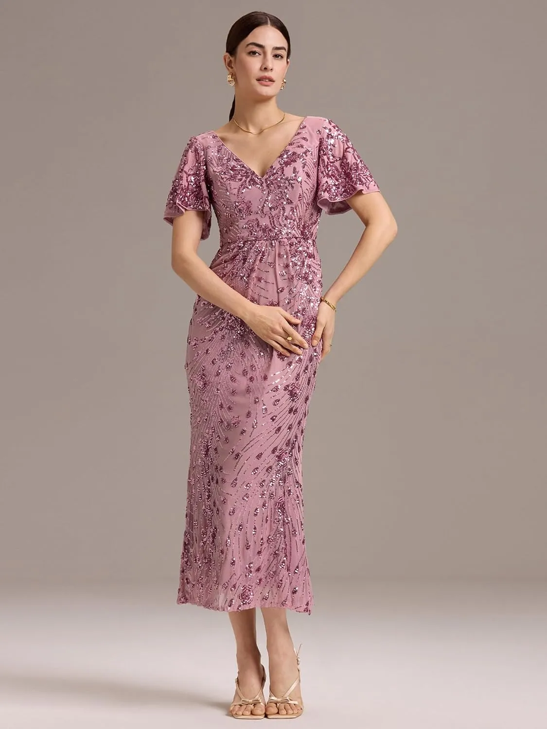 Ever-Pretty Women's Gorgeous V Neck Sequin Tulle Short Sleeves Maxi Evening Gowns 02370