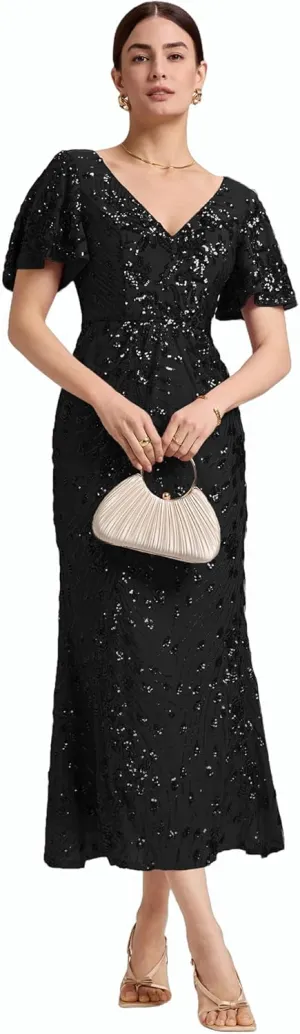 Ever-Pretty Women's Gorgeous V Neck Sequin Tulle Short Sleeves Maxi Evening Gowns 02370