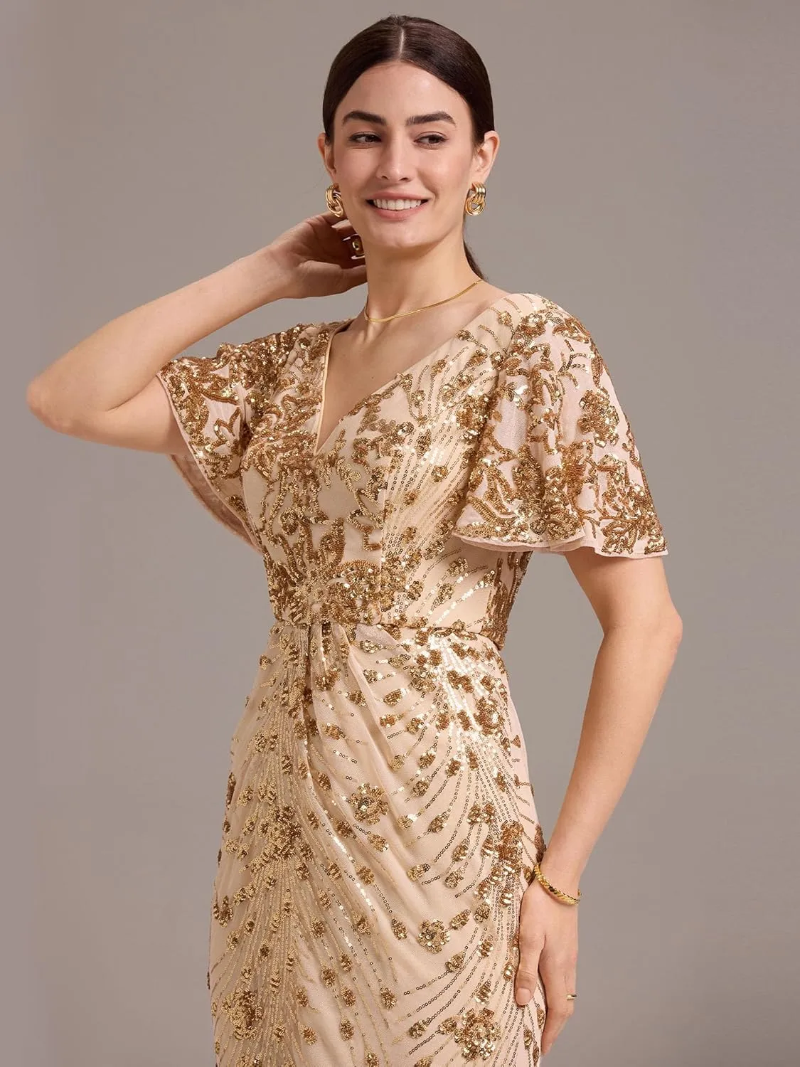 Ever-Pretty Women's Gorgeous V Neck Sequin Tulle Short Sleeves Maxi Evening Gowns 02370