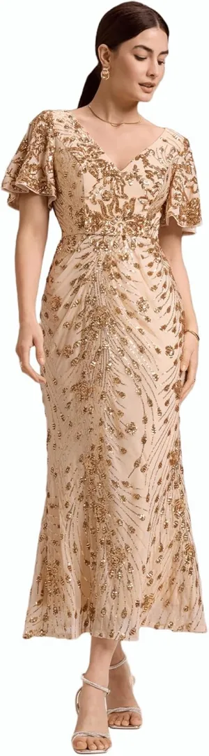 Ever-Pretty Women's Gorgeous V Neck Sequin Tulle Short Sleeves Maxi Evening Gowns 02370